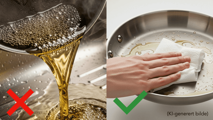 Til venstre: fett som helles rett i vasken. Til høyre, fett som tørkes bort med en papirserviett. KI-generert bilde fra Adobe Stock.